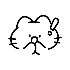 Cute cartoon cat face with an exclamation mark, simple black and white line art illustration