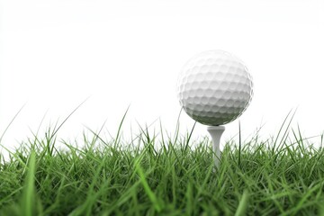 Fototapeta premium Golf ball on tee in green grass against white background