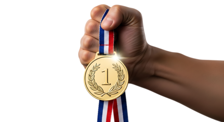 Closeup of a hand holding a gold medal with a ribbon