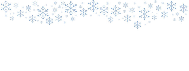 Winter snow border with pale blue snowflakes of varying sizes drifting down from the top edge against a clean white background. Minimalist, cold-toned design suitable for Christmas, New Year