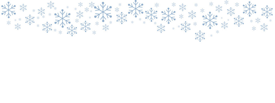 Winter snow border with pale blue snowflakes of varying sizes drifting down from the top edge against a clean white background. Minimalist, cold-toned design suitable for Christmas, New Year