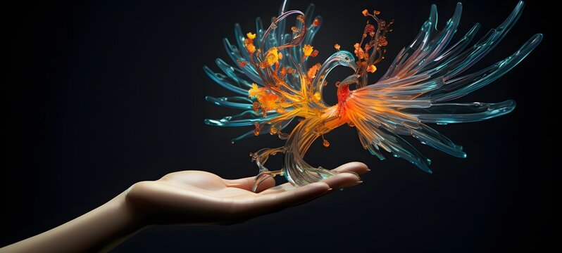 A phoenix , a small creature made of glass that is sitting in the palm of your hand,generative AI