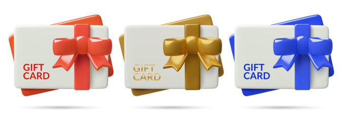 3d Gift card icons with red, gold and blue ribbons and bows. Birthday present and holiday shopping certificate cute three dimensional vector illustration isolated on white background.