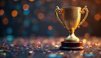 Golden trophy stands on dark surface with colorful confetti. Blurred bokeh lights in background create festive atmosphere for award ceremony victory celebration.