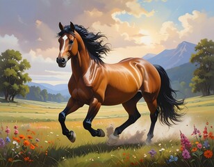 A majestic brown horse running freely through a blooming meadow