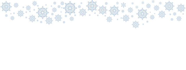 Fototapeta premium Winter snow border with pale blue snowflakes of varying sizes drifting down from the top edge against a clean white background. Minimalist, cold-toned design suitable for Christmas, New Year