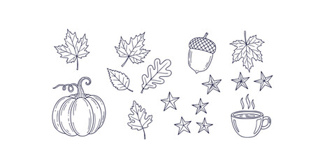 Charming autumn doodle clipart set featuring falling leaves pumpkins acorns stars and cozy cups