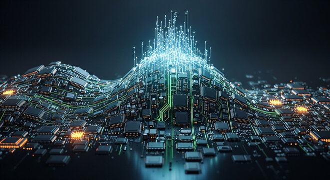 Abstract illustration of a digital landscape with glowing connections and circuits