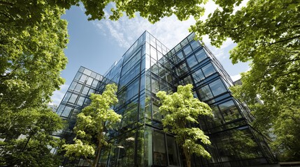 Modern glass office building blends seamlessly with nature, offering a vibrant, sustainable workspace for innovative businesses and green initiatives