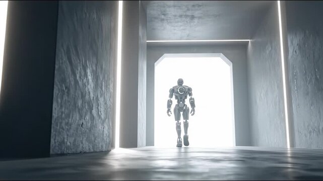 Futuristic robot walking through a bright doorway in a modern, minimalist setting.