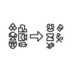 Arrow showing transformation from one set of abstract symbols to another