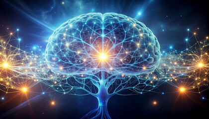 Obraz premium Glowing data strands forming complex neural web representing human intelligence and digital communication system