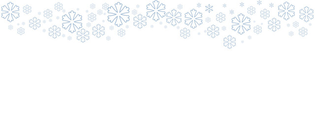 Fototapeta premium Winter snow border with pale blue snowflakes of varying sizes drifting down from the top edge against a clean white background. Minimalist, cold-toned design suitable for Christmas, New Year