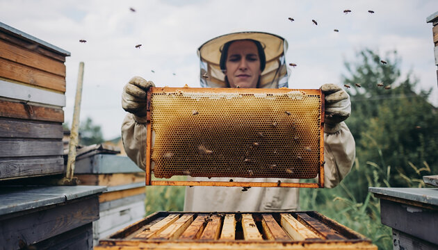 Beekeeper lifting honeycomb frame in apiary wearing protective suit with bees flying in natural environment