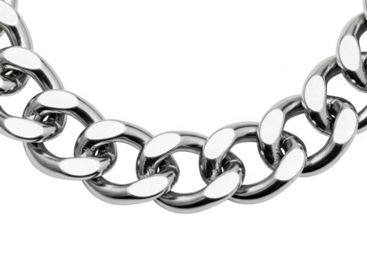 Close up of a silver curb chain isolated on white background