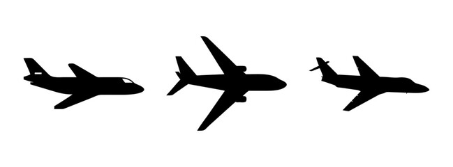 Three airplane silhouette vector graphics for aviation design and travel themed illustrations and backgrounds