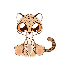 Adorable Cartoon Cheetah Cub Sitting Gracefully With Big Expressive Eyes on White Background