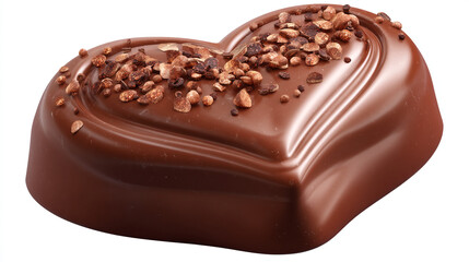 A close up of a heart shaped chocolate candy with sprinkles on top on a white background