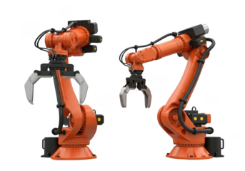 Two orange industrial robotic arms isolated on white background