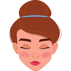 Close up illustration of a woman's face with brown hair in a bun and closed eyes blushing with pink cheeks and pink lips wearing a blue hair tie against a transparent background