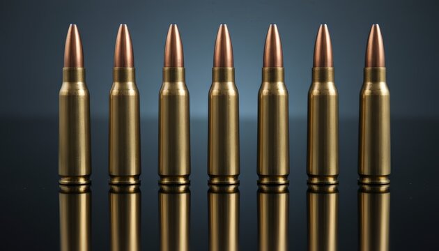 Bullets upright in a precise row on a dark glossy surface with clear reflections, evoking themes of ammunition, security, danger, conflict, and law enforcement readiness