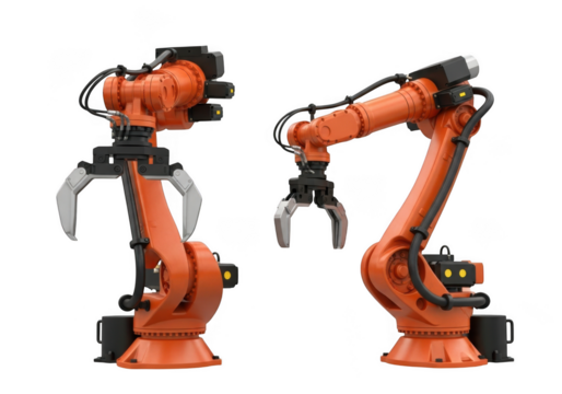 Two orange industrial robotic arms isolated on white background