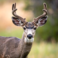A majestic buck with large antlers stands in natural grassland, gazing ahead