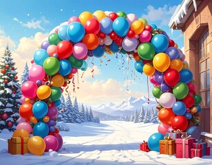 Festive Balloon Arch in Winter Wonderland Celebration.