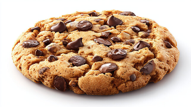 A close up shot of a single chocolate chip cookie on a white surface with a soft shadow below