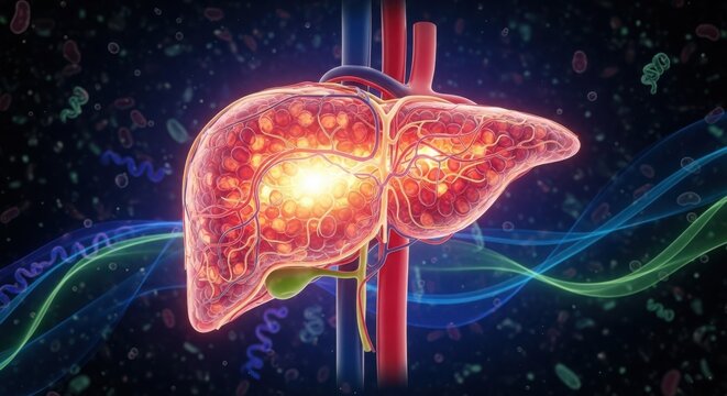 Human liver anatomy with vessels and gallbladder illustration