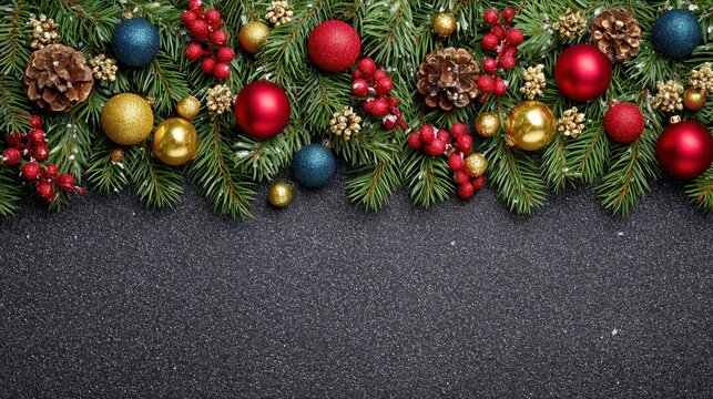 Festive Christmas Decorations with Pine Cones, Berries, and Ornaments on Black Background