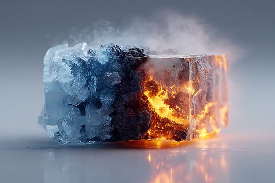 Contrasting Ice and Fire Cube with Smoke on Reflective Surface Abstract - Powered by Adobe
