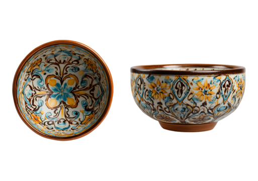 Hand-Painted Ceramic Bowls with Intricate Blue and Yellow Floral Design isolated on transparent background