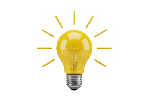 Bright yellow light bulb idea symbol isolated on white background