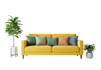 Yellow sofa with decorative pillows and plants isolated on white background