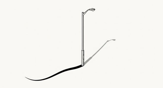 Fototapeta Minimalist Streetlight Casting a Long, Graphic Shadow A simple, high-key, black and white or monochrome photograph featuring a solitary modern street light post centered against a clean white 