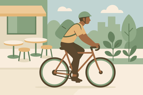 Vector cyclist cafe illustration past style cityscape emojis icon labels typography minimalist