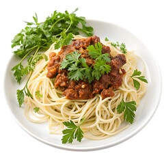 Classic Spaghetti Bolognese: Savory Pasta Meal with Fresh Garnish on transparent background