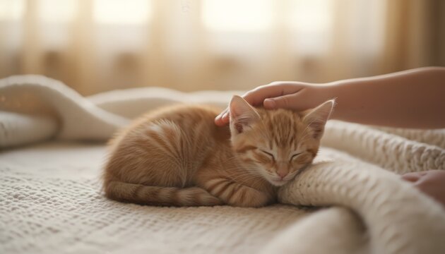 Child's hand gently strokes a tiny ginger kitten curled up on a soft white blanket, sleeping peacefully and radiating warmth, comfort, and tender companionship - Powered by Adobe