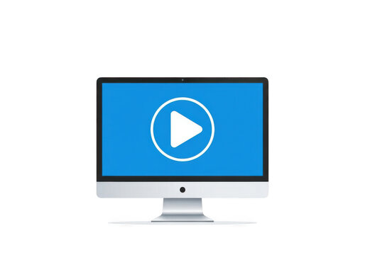 Computer monitor with play button icon isolated on white background - Powered by Adobe