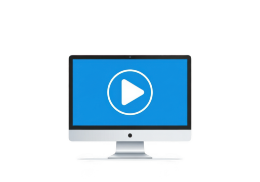 Computer monitor with play button icon isolated on white background