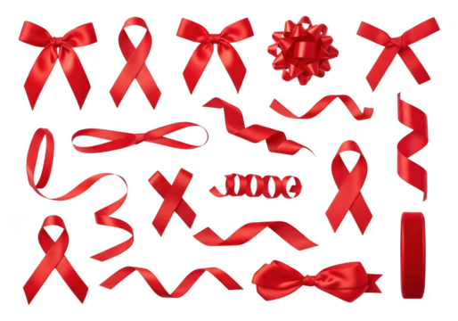 Collection of red ribbons and bows isolated on white background