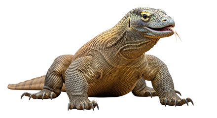 Obraz premium Isolated Komodo dragon resting with tongue out, monitor lizard, reptile with scaled skin