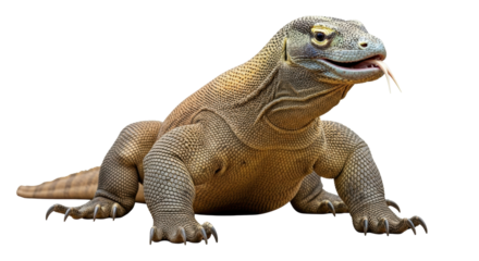 Isolated Komodo dragon resting with tongue out, monitor lizard, reptile with scaled skin
