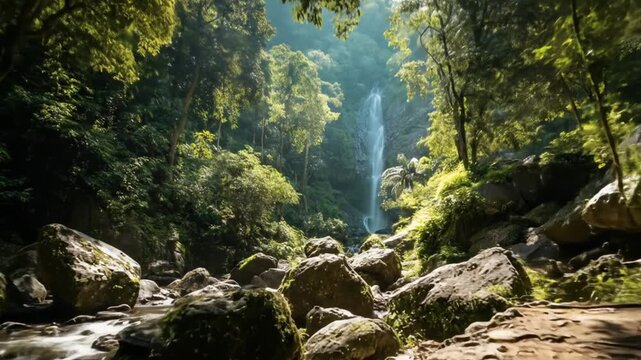 Lush forest with waterfall and sunlight streaming through trees