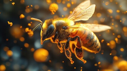 A detailed close-up of a bee in flight surrounded by pollen, illuminated with a warm glow