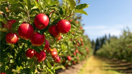 A vibrant apple orchard, showcasing rows of red apples against a bright blue sky, perfect for showcasing nature's bounty.