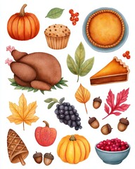 A vibrant collection of autumn-themed food items including turkey, pumpkins, leaves, and delicious desserts.
