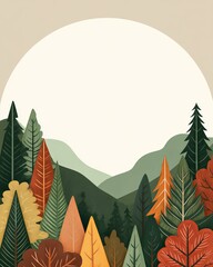 A vibrant illustration of a colorful autumn forest with diverse trees against a serene background.