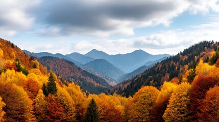 Stunning autumn landscape featuring vibrant orange trees and majestic mountains under a cloudy sky, perfect for nature enthusiasts.